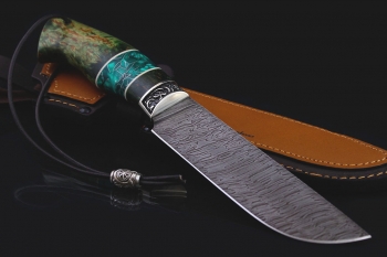 Охотничий нож "Медведь" Дамасская сталь. Рукоять мельхиор, кап Клена(зеленый).